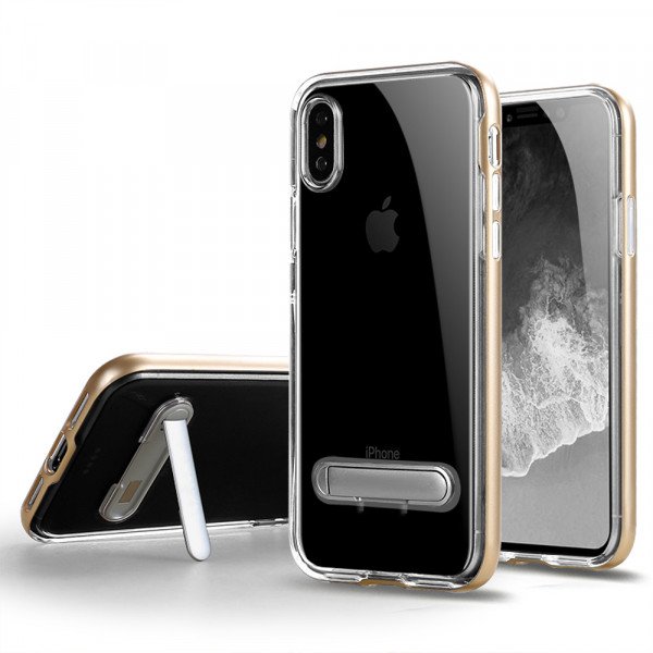 Wholesale iPhone Xs / X (Ten) Clear Armor Bumper Kickstand Case (Champagne Gold)